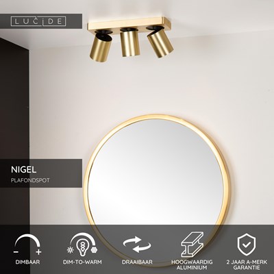 Lucide NIGEL - Plafondspot - LED Dim to warm - GU10 - 3x5W 2200K/3000K - Mat Goud / Messing
